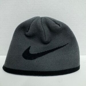 Nike Youth Beanie Hat Gray Black Swoosh Logo Knit Skull Cap Acrylic 2498-693